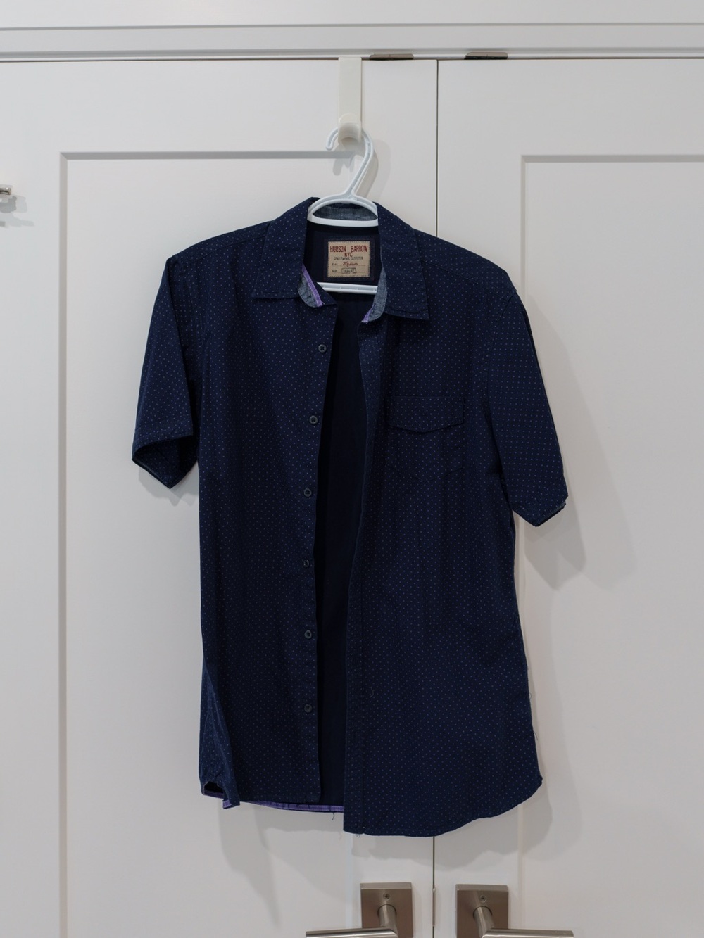Short-Sleeve Navy Button-Down Shirt with Subtle Dot Print